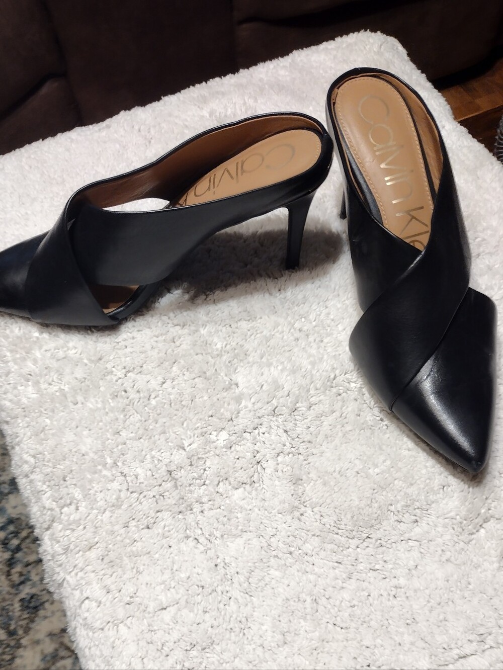 Calvin Klein Black Leather Pointed Crossband Mules